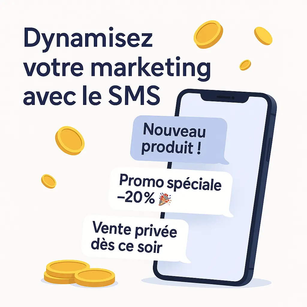 Illustration marketing SMS avec smartphone moderne et messages promotionnels