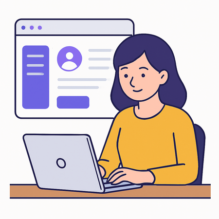 Illustration de l'interface de notre logiciel de programme de fidélité. Une femme est connecté à notre logiciel en ligne sur son ordinateur portable.