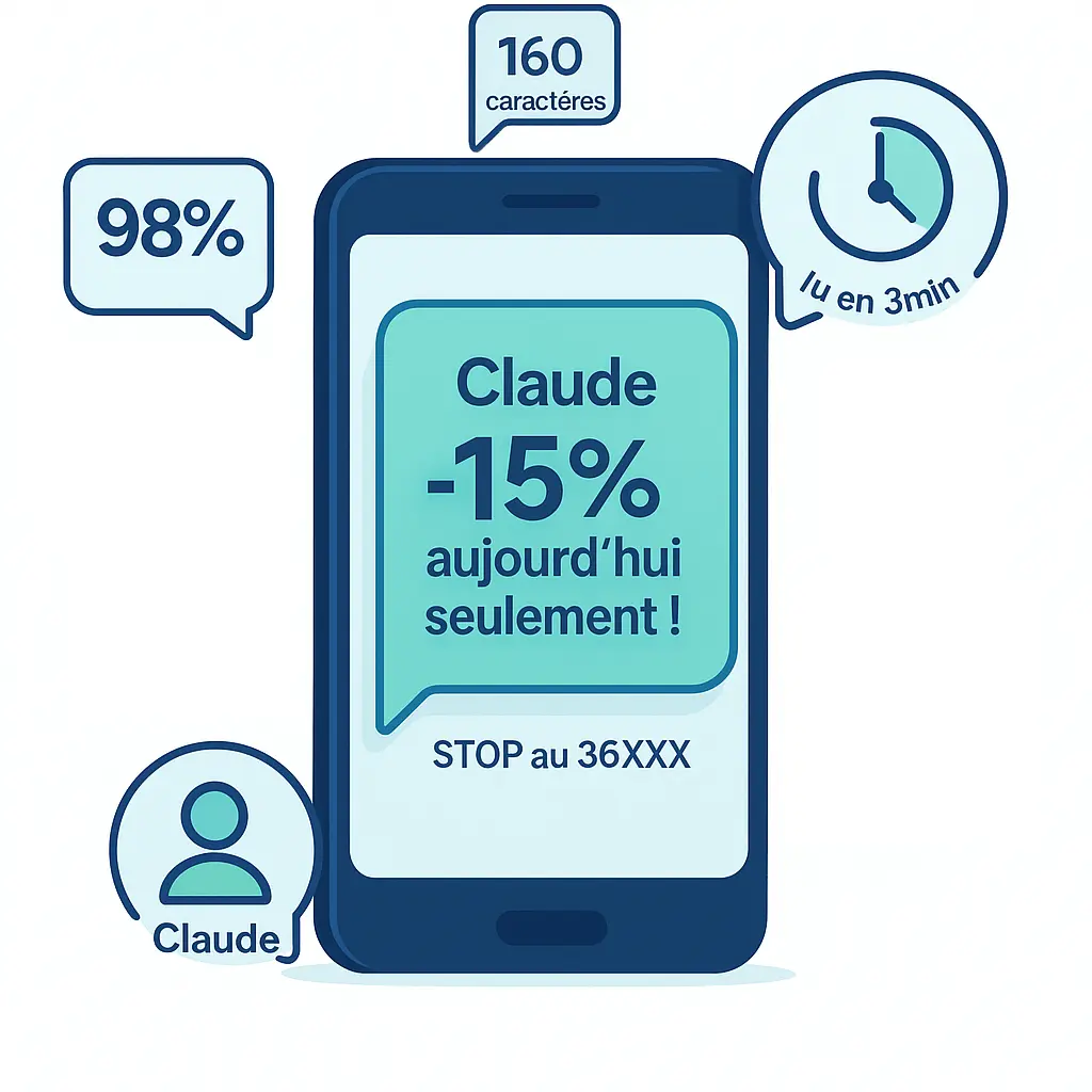 Illustration de la publicité par SMS avec message personnalisé et taux d’ouverture élevé